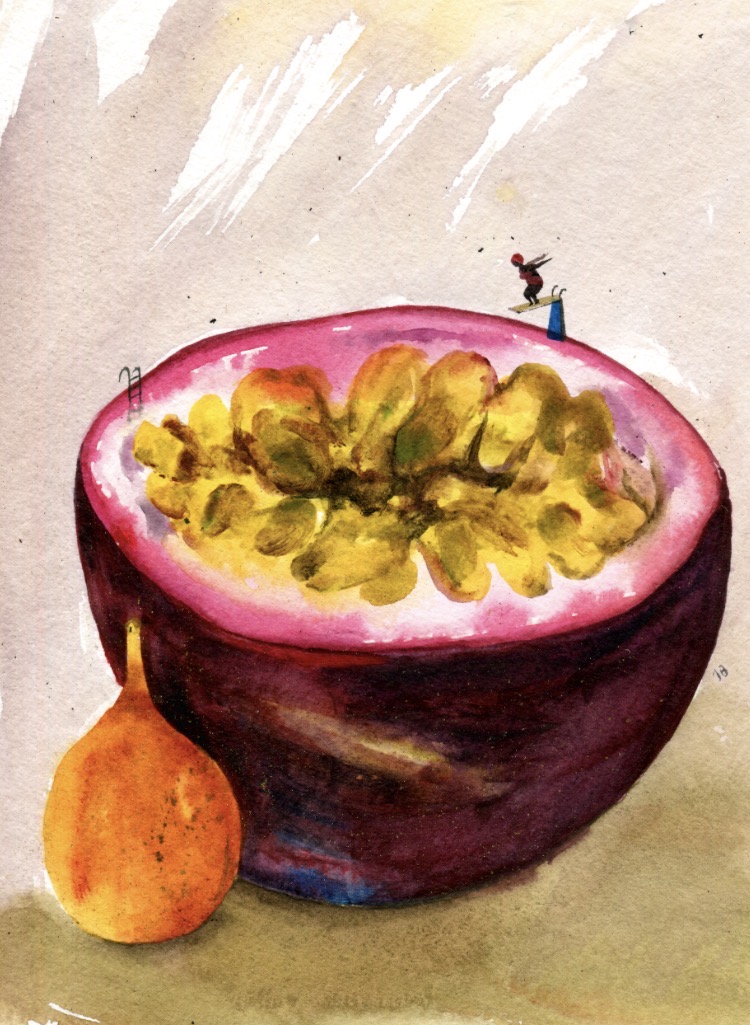 Painting of a passion fruit with a lady swimming