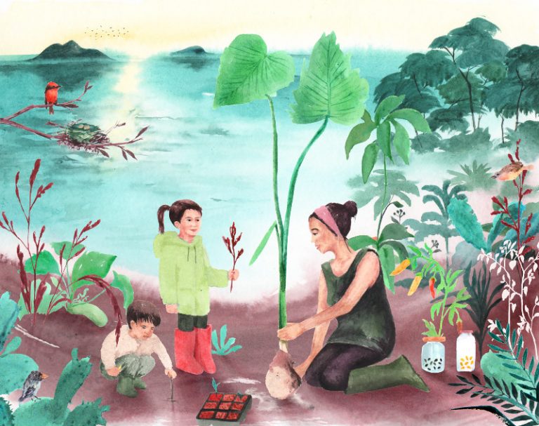 A woman sowing native seeds with her children. Birds and Galapagos Islands in the background